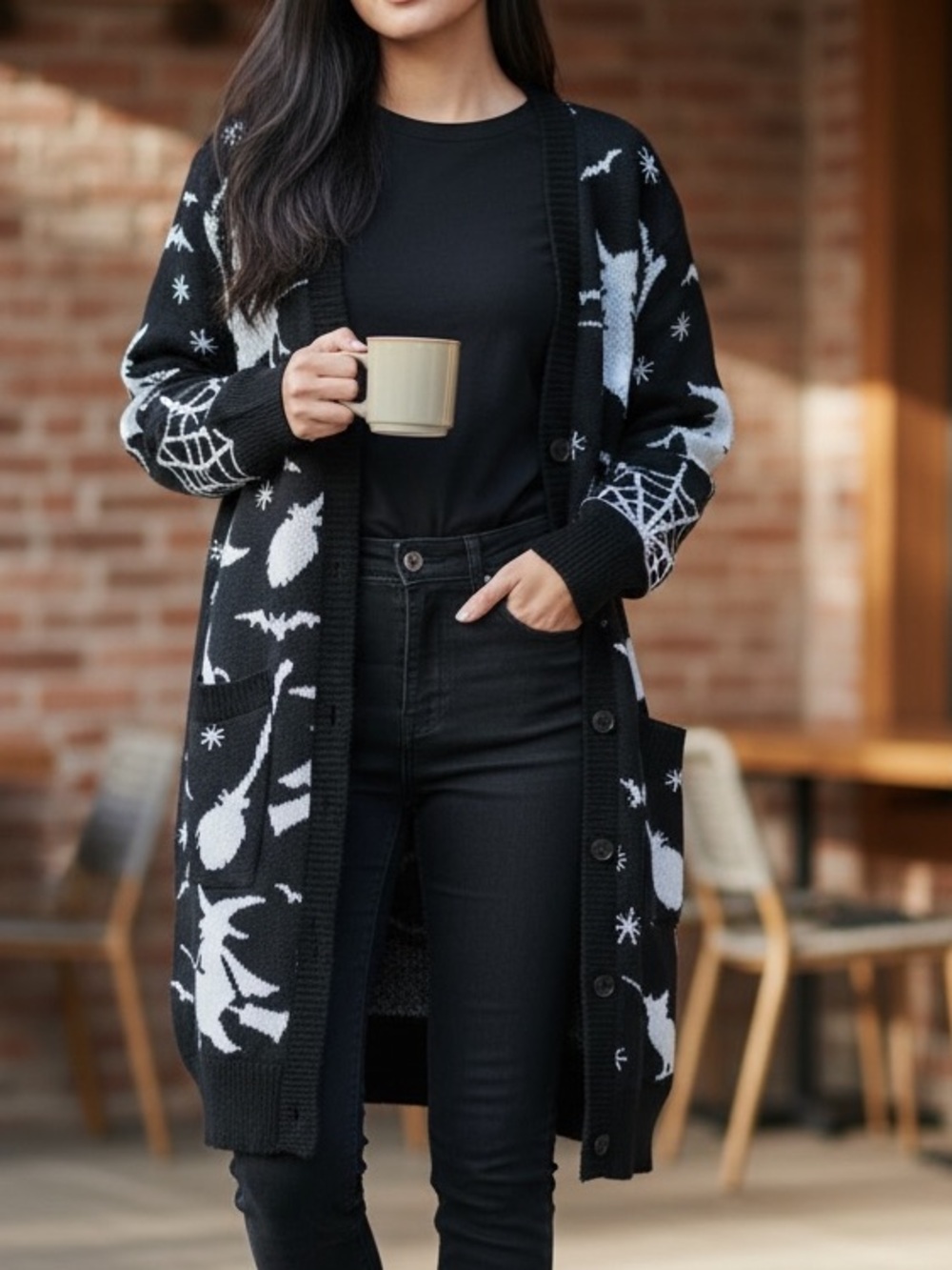 Halloween Witch Print Cardigan – Cozy Black Long Sweater